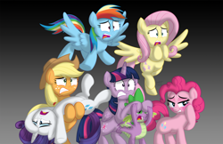Size: 3000x1941 | Tagged: safe, artist:aleximusprime, character:applejack, character:fluttershy, character:pinkie pie, character:rainbow dash, character:rarity, character:spike, character:twilight sparkle, character:twilight sparkle (alicorn), species:alicorn, species:dragon, species:earth pony, species:pegasus, species:pony, species:unicorn, blushing, covering eyes, digital art, female, mane seven, mane six, mare, pinkie being pinkie, surprised