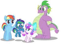 Size: 5625x4000 | Tagged: safe, artist:aleximusprime, character:princess flurry heart, character:rainbow dash, character:spike, oc, oc:storm streak, parent:oc:thunderhead, parent:rainbow dash, parents:canon x oc, species:alicorn, species:dragon, species:pegasus, species:pony, adult, adult spike, bow, chubby, chubby spike, colt, different hairstyle, fat, fat spike, female, first meeting, flurry heart's story, male, mother, offspring, older, older spike, rainbow mom, simple background, son, transparent background, winged spike, wings