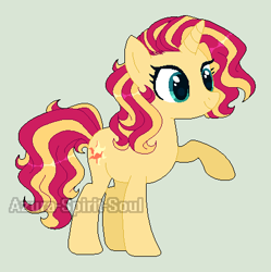 Size: 442x443 | Tagged: safe, artist:azura-spirit-soul, artist:selenaede, base used, character:sunset shimmer, species:pony, species:unicorn, alternate hairstyle, alternate universe, female, gray background, mare, raised hoof, redesign, simple background, solo, watermark