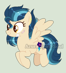 Size: 377x417 | Tagged: safe, artist:azura-spirit-soul, artist:selenaede, base used, character:indigo zap, species:pegasus, species:pony, alternate hairstyle, alternate universe, bandaid, ear piercing, earring, equestria girls ponified, female, flying, gray background, jewelry, mare, piercing, ponified, redesign, scar, simple background, solo, watermark