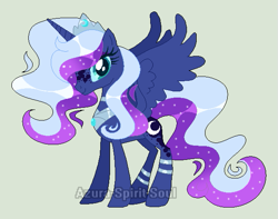 Size: 601x474 | Tagged: safe, artist:azura-spirit-soul, artist:selenaede, base used, character:nightmare moon, character:princess luna, species:alicorn, species:pony, alternate hairstyle, alternate universe, anklet, crown, female, gray background, jewelry, mare, markings, redesign, regalia, simple background, solo, watermark