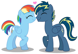 Size: 4216x2919 | Tagged: safe, artist:aleximusprime, character:rainbow dash, oc, oc:thunderhead, species:pegasus, species:pony, alternate hairstyle, canon x oc, couple, cute, eyes closed, female, floating heart, flurry heart's story, heart, husband and wife, love, male, mare, married, nose rub, older, pegasus oc, shipping, simple background, smiling, stallion, straight, transparent background, wings