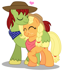 Size: 3033x3438 | Tagged: safe, artist:aleximusprime, character:applejack, character:tex (g1), species:earth pony, species:pony, g1, arm around neck, bandana, clothing, couple, cute, eyes closed, female, floating heart, flurry heart's story, freckles, g1 to g4, generation leap, hat, heart, husband and wife, in love, jackabetes, male, mare, married, neckerchief, nuzzling, scarf, shipping, simple background, smiling, stallion, straight, texjack, transparent background