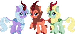 Size: 3307x1500 | Tagged: safe, artist:cloudyglow, character:dear darling, character:fond feather, character:swoon song, species:kirin, bimbettes, female, kirin-ified, lidded eyes, looking at you, raised hoof, simple background, smiling, smiling at you, species swap, transparent background, trio, trio female