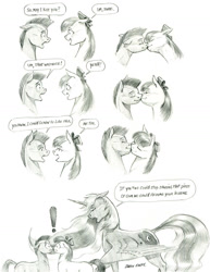 Size: 1100x1426 | Tagged: safe, artist:baron engel, character:apple bloom, character:princess luna, oc, oc:stone mane, species:alicorn, species:earth pony, species:pony, bow, colt, female, filly, hair bow, kissing, male, mare, monochrome, pencil drawing, traditional art