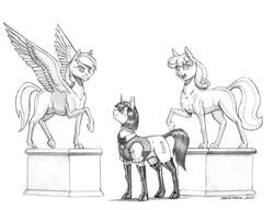 Size: 1400x1077 | Tagged: safe, artist:baron engel, oc, oc only, oc:marble vein, species:earth pony, species:pegasus, species:pony, species:unicorn, boots, bow tie, clothing, female, grayscale, mare, monochrome, pencil drawing, shoes, simple background, solo, statue, traditional art, vest, white background