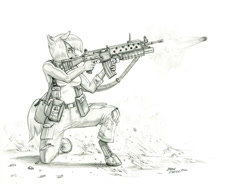 Size: 1400x1028 | Tagged: safe, artist:baron engel, character:limestone pie, species:anthro, species:earth pony, species:pony, species:unguligrade anthro, ar-18, assault rifle, female, grenade, grenade launcher, gun, m203, monochrome, pencil drawing, rifle, solo, story included, traditional art, weapon
