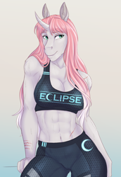 Size: 1752x2550 | Tagged: safe, artist:askbubblelee, oc, oc only, oc:rosie quartz, species:anthro, species:pony, species:unicorn, abs, anthro oc, biceps, breasts, clothing, curved horn, digital art, female, horn, mare, muscles, muscular female, scar, smiling, sports bra, sweat, workout outfit