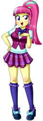 Size: 604x1696 | Tagged: safe, artist:the-butch-x, character:sour sweet, my little pony:equestria girls, breasts, clothing, crystal prep academy uniform, crystal prep shadowbolts, cute, female, freckles, kneesocks, looking at you, open mouth, plaid skirt, pleated skirt, raised eyebrow, school uniform, shoes, simple background, skirt, smiling, socks, solo, sourbetes, transparent background, vest