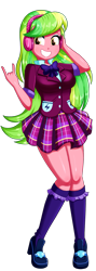 Size: 604x1696 | Tagged: safe, artist:the-butch-x, character:lemon zest, my little pony:equestria girls, bow tie, breasts, busty lemon zest, clothing, crystal prep academy uniform, crystal prep shadowbolts, female, headphones, legs, plaid skirt, pleated skirt, school uniform, shadowbolts, shoes, simple background, skirt, smiling, socks, solo, thighs, transparent background