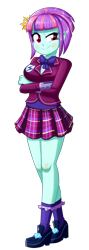 Size: 604x1696 | Tagged: safe, artist:the-butch-x, character:sunny flare, my little pony:equestria girls, bow tie, breasts, clothing, crossed arms, crystal prep academy uniform, crystal prep shadowbolts, female, plaid skirt, pleated skirt, raised eyebrow, school uniform, shadowbolts, shoes, simple background, skirt, smiling, smirk, socks, solo, sunny flare's wrist devices, transparent background