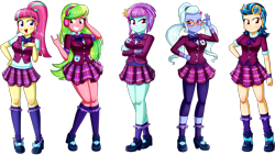 Size: 3020x1699 | Tagged: safe, artist:the-butch-x, character:indigo zap, character:lemon zest, character:sour sweet, character:sugarcoat, character:sunny flare, my little pony:equestria girls, clothing, crystal prep academy uniform, crystal prep shadowbolts, cute, hand on hip, leggings, legs, looking at you, plaid skirt, pleated skirt, ponytail, quintet, school uniform, shadow five, simple background, skirt, smiling, sourbetes, sugarcute, thighs, transparent background, zapabetes