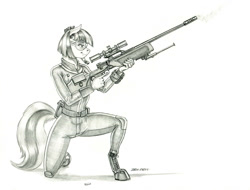 Size: 1400x1064 | Tagged: safe, artist:baron engel, character:coco pommel, species:anthro, species:earth pony, species:pony, species:unguligrade anthro, clothing, fallout, fallout 4, female, goggles, grayscale, gun, jumpsuit, mare, monochrome, pencil drawing, rifle, simple background, sniper rifle, story included, traditional art, trigger discipline, weapon, white background