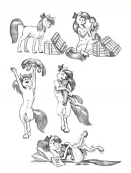 Size: 1000x1316 | Tagged: safe, artist:baron engel, character:apple bloom, oc, oc:stone mane, species:earth pony, species:pony, armpits, bipedal, canon x oc, crush plush, female, filly, hoofy-kicks, monochrome, pencil drawing, plushie, semi-anthro, story included, traditional art
