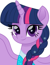 Size: 1159x1500 | Tagged: safe, artist:cloudyglow, character:twilight sparkle, character:twilight sparkle (alicorn), species:alicorn, species:pony, alternate hairstyle, braid, bust, crossover, disney, elsa, eyeshadow, female, frozen (movie), looking at you, makeup, mare, movie accurate, simple background, solo, white background