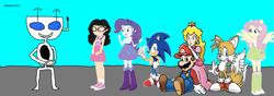 Size: 2453x862 | Tagged: safe, artist:benfanrobot2000, artist:selenaede, artist:sketchmcreations, artist:sonicsuperstar1991, artist:theshadowstone, artist:user15432, character:fluttershy, character:rarity, character:sonic the hedgehog, oc, oc:aaliyah, species:human, my little pony:equestria girls, 1000 hours in ms paint, aaliyah, b.e.n, breakfast, crossover, egg (food), equestria girls style, equestria girls-ified, food, mario, mario & sonic, mario and sonic, miles "tails" prower, mobian, nintendo, order, ordering, ponied up, princess peach, robot, sega, sonic the hedgehog (series), super mario bros.