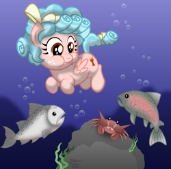 Size: 3193x3150 | Tagged: safe, artist:aleximusprime, character:cozy glow, species:crab, species:pegasus, species:pony, bow, bubble, chubby cheeks, commission, cozybetes, cute, dawwww, female, filly, fish, looking down, mane bow, rock, salmon, solo, spread wings, tail bow, trout, underwater, wings