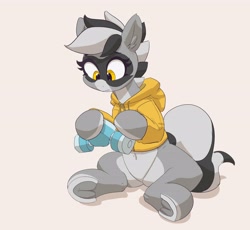 Size: 4096x3775 | Tagged: safe, artist:pabbley, oc, oc only, oc:bandy cyoot, species:pony, belly button, clothing, female, frog (hoof), gas mask, hoodie, hoof hold, hoofbutt, hybrid, mare, mask, raccoon, raccoon pony, simple background, solo, underhoof