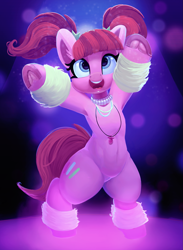 Size: 1461x2000 | Tagged: safe, artist:discorded, artist:pabbley, edit, character:pacific glow, species:earth pony, species:pony, episode:the saddle row review, g4, my little pony: friendship is magic, armpits, bipedal, color edit, colored, cute, dancing, disco, ear fluff, female, frog (hoof), glowbetes, hoofbutt, mare, open mouth, pacifier, pigtails, solo, underhoof