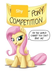 Size: 362x512 | Tagged: safe, artist:mysticalpha, edit, character:fluttershy, species:pegasus, species:pony, 1000 hours in ms paint, banner, cheating, competition, cute, dialogue, everything is fixed, shyabetes, sitting, talking to viewer, text, world champ