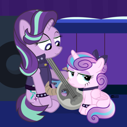 Size: 1000x1000 | Tagged: safe, artist:dm29, character:princess flurry heart, character:starlight glimmer, species:alicorn, species:pony, species:unicorn, bow, collar, duo, edgelight glimmer, female, filly, filly flurry heart, goth, guitar, hair bow, lidded eyes, mare, musical instrument, older, older flurry heart, princess emo heart, speaker