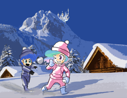 Size: 1640x1275 | Tagged: safe, artist:johnjoseco, artist:rammbrony, edit, character:princess celestia, character:princess luna, species:human, canterlot, cute, grin, humanized, mountain, one eye closed, open mouth, sisters, smiling, snow, snowball, snowball fight, throwing, wink, woona, young