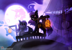 Size: 1300x910 | Tagged: safe, artist:atryl, oc, oc only, species:bat pony, species:pony, bat pony oc, bat wings, commission, full moon, lantern, moon, open mouth, ship, wings