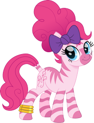 Size: 1146x1500 | Tagged: safe, artist:cloudyglow, character:pinkie pie, species:pony, species:zebra, anklet, bow, cute, diapinkes, female, hair bow, looking at you, mare, ribbon, simple background, solo, species swap, transparent background, zebrafied