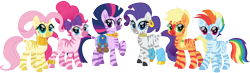 Size: 6000x1755 | Tagged: safe, artist:cloudyglow, character:applejack, character:fluttershy, character:pinkie pie, character:rainbow dash, character:rarity, character:twilight sparkle, species:pony, species:zebra, braid, braided tail, cute, dashabetes, diapinkes, dock, ear piercing, earring, female, furry leg warmers, jackabetes, jewelry, looking at you, mane six, mare, necklace, piercing, potion, raised hoof, raribetes, ribbon, shyabetes, simple background, species swap, transparent background, twiabetes, zebrafied