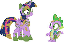 Size: 4543x3000 | Tagged: safe, artist:cloudyglow, character:spike, character:twilight sparkle, character:twilight sparkle (alicorn), species:alicorn, species:dragon, species:pony, episode:the cutie re-mark, alternate timeline, backpack, chrysalis resistance timeline, female, male, messy, mud, simple background, transparent background, vector