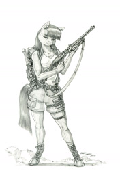 Size: 1000x1422 | Tagged: safe, artist:baron engel, character:maud pie, species:anthro, species:earth pony, species:pony, species:unguligrade anthro, female, gun, monochrome, pencil drawing, remington 870, shotgun, solo, story included, traditional art, weapon