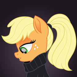Size: 1500x1500 | Tagged: safe, artist:cloudyglow, character:applejack, species:earth pony, species:pony, bust, clothing, female, freckles, gradient background, mare, movie accurate, scrunchy face, solo, sweater, taylor swift, turtleneck