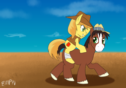 Size: 1000x700 | Tagged: safe, artist:empyu, character:braeburn, character:trouble shoes, species:earth pony, species:pony, clothing, duo, hat, horse, looking at each other, male, ponies riding ponies, pony ride, riding, sky, stallion