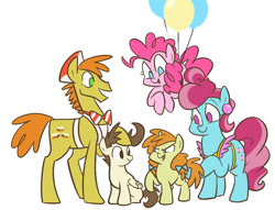 Size: 700x534 | Tagged: dead source, safe, artist:egophiliac, character:carrot cake, character:cup cake, character:pinkie pie, character:pound cake, character:pumpkin cake, species:earth pony, species:pegasus, species:pony, species:unicorn, apron, balloon, bow, cake family, cake twins, clothing, colt, cute, family, female, filly, floating, glare, hair bow, male, mare, no pupils, older, older pound cake, older pumpkin cake, open mouth, raised hoof, simple background, sitting, slice of pony life, smiling, smirk, stallion, tail bow, the cakes, then watch her balloons lift her up to the sky, white background