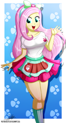 Size: 1020x1900 | Tagged: safe, artist:the-butch-x, character:fluttershy, episode:pet project, eqg summertime shorts, g4, my little pony: equestria girls, my little pony:equestria girls, adorasexy, beautiful, beautisexy, bow, breasts, busty fluttershy, clothing, commission, cute, female, hair bow, happy, legs, open mouth, paw prints, sexy, shyabetes, signature, skirt, solo, thighs
