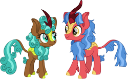 Size: 2429x1500 | Tagged: safe, artist:cloudyglow, character:biscuit, character:spur, species:kirin, cloven hooves, colored hooves, cute, duo, female, freckles, kirin-ified, looking at each other, male, simple background, species swap, spurbetes, transparent background
