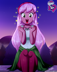 Size: 920x1160 | Tagged: safe, artist:the-butch-x, episode:let it rain, g4, my little pony: equestria girls, my little pony:equestria girls, spoiler:eqg series (season 2), bandana, butch's hello, clothing, cute, equestria girls logo, female, happy, hello x, jewelry, necklace, open mouth, outdoors, raspberry lilac, signature, sitting, sleeveless, smiling, solo, tank top