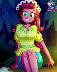 Size: 920x1160 | Tagged: safe, artist:the-butch-x, character:gloriosa daisy, equestria girls:legend of everfree, g4, my little pony: equestria girls, my little pony:equestria girls, beautiful, butch's hello, equestria girls logo, female, floral head wreath, flower, flower in hair, freckles, hello x, legs, looking at you, nail polish, outdoors, signature, sitting, smiling, solo