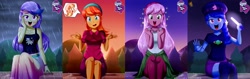 Size: 3248x1024 | Tagged: safe, artist:the-butch-x, edit, editor:thomasfan45, species:human, episode:let it rain, equestria girls:sunset's backstage pass, g4, my little pony: equestria girls, my little pony:equestria girls, spoiler:eqg series (season 2), adorasexy, beanie, bench, blouse, breasts, busty snow flower, butch's hello, clothing, cute, description is relevant, dress, equestria girls logo, female, forest, glowstick, hands on face, happy, hat, hello x, jewelry, kneesocks, legs, looking at you, necklace, night, open mouth, orange sunrise, outdoors, rain, raspberry lilac, sexy, shirt, shorts, shrugging, signature, sitting, skirt, smiling, snow flower, socks, space camp (character), starswirl music festival, sunset, t-shirt, tank top, tree, waving, wristband