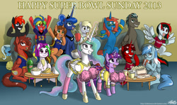 Size: 1800x1064 | Tagged: safe, artist:johnjoseco, character:derpy hooves, character:princess celestia, character:princess luna, character:trixie, character:twilight sparkle, oc, species:pegasus, species:pony, female, mare, sports, super bowl
