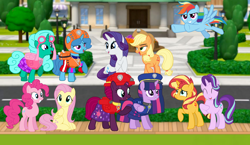 Size: 1864x1080 | Tagged: safe, artist:cloudyglow, artist:徐詩珮, character:applejack, character:fizzlepop berrytwist, character:fluttershy, character:glitter drops, character:pinkie pie, character:rainbow dash, character:rarity, character:spring rain, character:starlight glimmer, character:sunset shimmer, character:tempest shadow, character:twilight sparkle, character:twilight sparkle (alicorn), species:alicorn, species:earth pony, species:pegasus, species:pony, species:unicorn, series:sprglitemplight diary, series:sprglitemplight life jacket days, series:springshadowdrops diary, series:springshadowdrops life jacket days, ship:glitterlight, ship:glittershadow, ship:tempestlight, alternate universe, applejack's hat, bisexual, broken horn, chase (paw patrol), clothing, cowboy hat, cute, female, flying, glitterbetes, hat, horn, lesbian, lifeguard, lifeguard spring rain, mane six, mare, marshall (paw patrol), paw patrol, polyamory, shipping, sitting, skye (paw patrol), sprglitemplight, springbetes, springdrops, springlight, springshadow, springshadowdrops, tempestbetes, zuma (paw patrol)