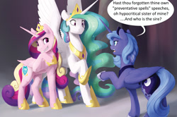 Size: 1996x1323 | Tagged: safe, artist:silfoe, character:princess cadance, character:princess celestia, character:princess luna, species:alicorn, species:pony, fanfic:a joke too far, alicorn triarchy, dialogue, female, grin, hoof shoes, implied pregnancy, jewelry, mare, misunderstanding, peytral, raised hoof, redraw, royal sisters, s1 luna, scrunchy face, smiling, smirk, speech bubble, spread wings, tiara, trio, wings, ye olde butcherede englishe