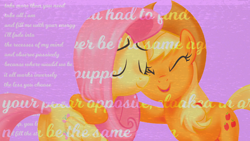 Size: 1280x720 | Tagged: safe, alternate version, artist:cloudyglow, artist:littmosa, character:applejack, character:fluttershy, species:pegasus, species:pony, duo, eyes closed, female, folded wings, hug, lyrics, purple background, simple background, smiling, song, text, wings