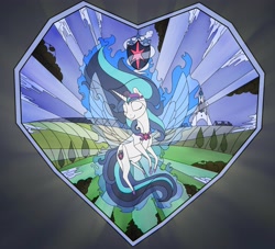 Size: 4096x3712 | Tagged: safe, artist:silfoe, character:shining armor, species:alicorn, species:pony, alicornified, crystal empire, fanfic, fanfic art, fanfic cover, gleaming shield, prince shining armor, princess gleaming shield, race swap, rule 63, solo, stained glass