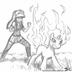 Size: 805x805 | Tagged: safe, artist:johnjoseco, character:twilight sparkle, species:human, species:pony, species:unicorn, clothing, crossover, female, grass, grayscale, gritted teeth, human ponidox, humanized, mane of fire, mare, monochrome, pokémon, ponidox, rapidash, rapidash twilight, skirt