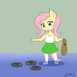 Size: 1000x1000 | Tagged: safe, artist:empyu, character:fluttershy, species:anthro, species:pegasus, species:pony, my little pony:equestria girls, 30 minute art challenge, clothing, cute, feeding, female, mare, roomba, roombashy, shoes, skirt, smiling, socks, tank top