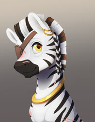 Size: 1155x1470 | Tagged: safe, artist:silfoe, oc, oc only, species:zebra, bust, ear piercing, earring, eye scar, eyepatch, gray background, jewelry, piercing, scar, simple background, solo, zebra oc
