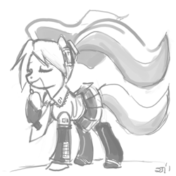 Size: 600x599 | Tagged: safe, artist:johnjoseco, species:earth pony, species:pony, clothing, eyes closed, female, grayscale, hatsune miku, mare, monochrome, ponified, skirt, solo, vocaloid