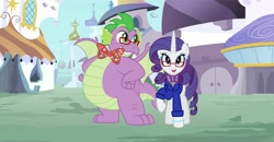 Size: 1280x666 | Tagged: safe, artist:aleximusprime, artist:disneymarvel96, character:rarity, character:spike, ship:sparity, canterlot, fat, fat spike, female, male, shipping, straight