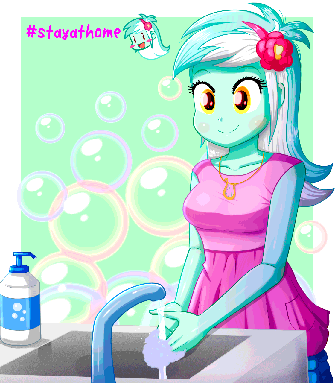 Size: 1120x1280 | Tagged: safe, artist:the-butch-x, character:lyra heartstrings, my little pony:equestria girls, animated, bubble, coronavirus, covid-19, cute, cutie mark necklace, female, gif, hand, hand washing, headband, jewelry, lyrabetes, necklace, soap, solo, washing